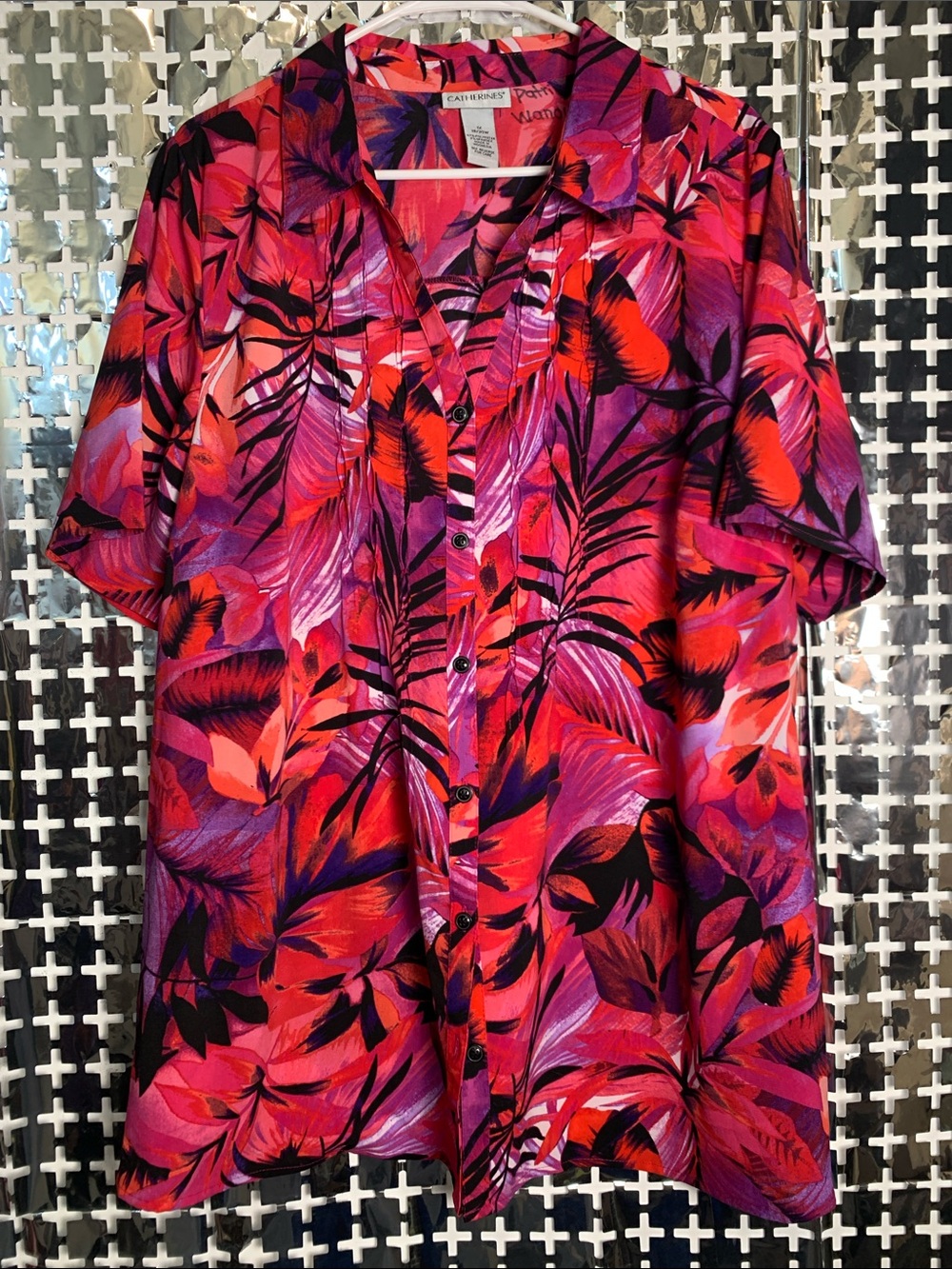 Catherines Pink & Red Tropical Button-Down Shirt